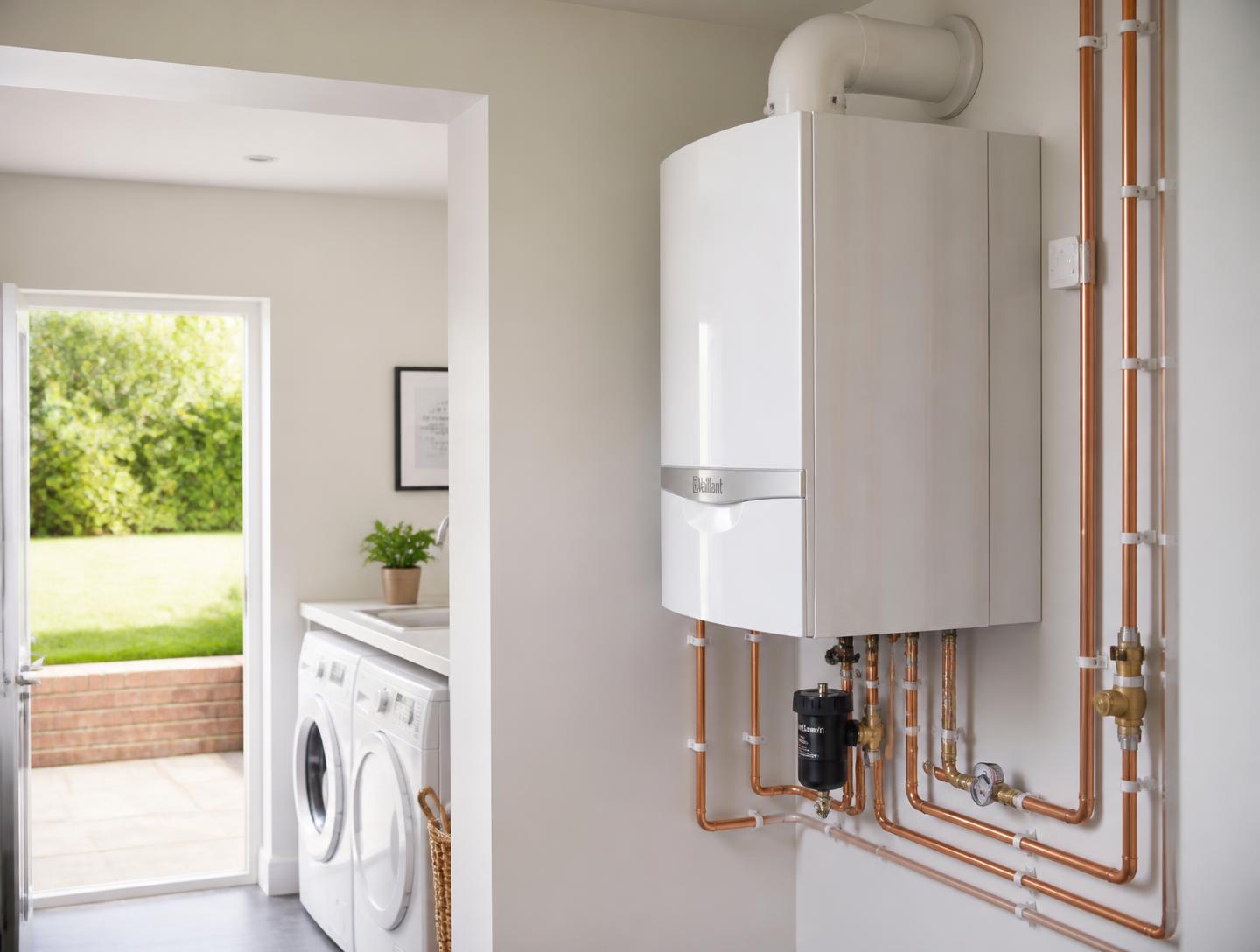 Moderne Gas-Brennwerttherme in einem hellen Hauswirtschaftsraum